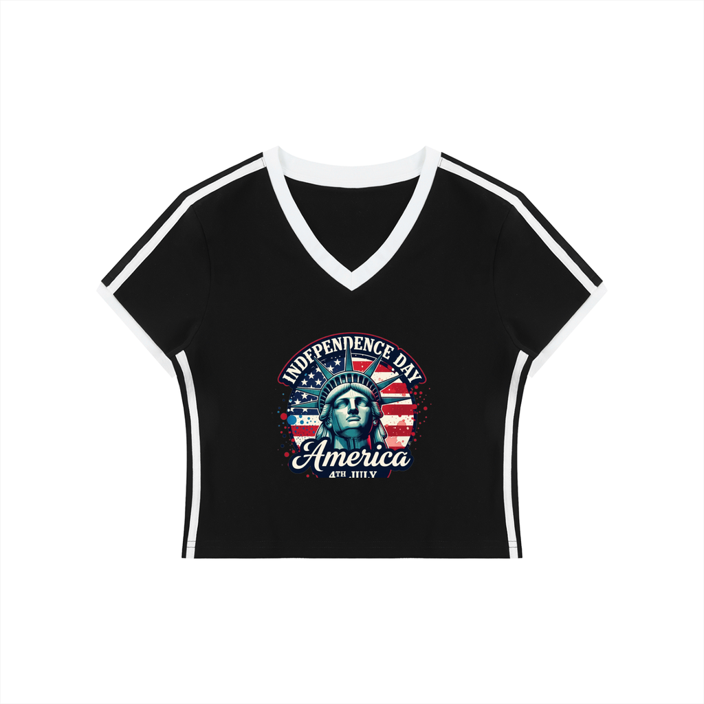 Women's Retro Binding V-Neck Crop T-Shirt